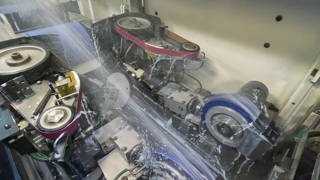 Inside of ski maintenance and repair automatic machine, water spraying over grinding stones and belts, used to sharpen edges