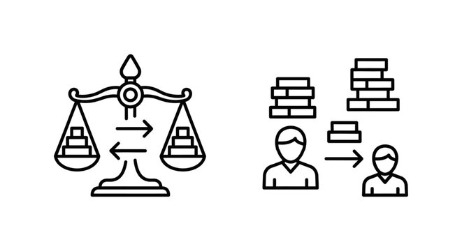 Business task redistribution and workload balancing icons showing workflow management and employee resource allocation with redistribution business management workflow delegation resource