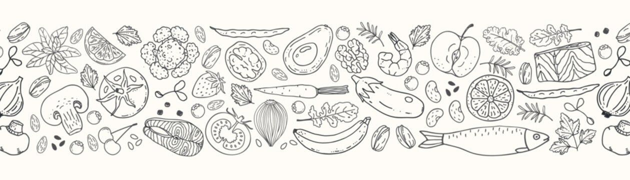 Hand drawn healthy food border with fruits vegetables fish nuts herbs in clean linear style perfect for packaging menu design labels banners natural products branding and organic food themes