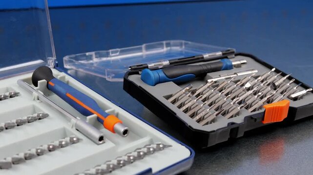 A set of metal bits for installation work in a plastic case.