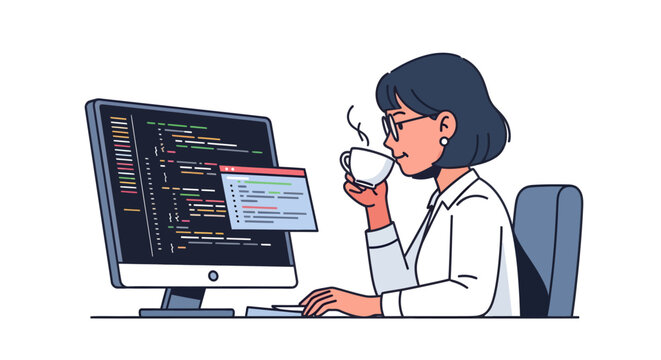 programmer woman drinking coffee while coding on computer
