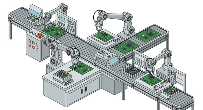 Automated Robotic Assembly Line for PCB Manufacturing and Electronics Production Isometric Illustration
