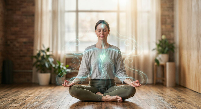 Serene woman sits in lotus pose with a glowing heart and third eye aura effect. The imagery is suitable for deep meditation and chakra balancing. Enlightenment concept