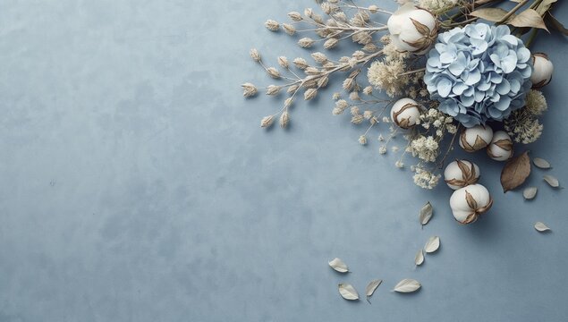 A serene and elegant floral composition features delicate blue hydrangea, natural cotton bolls, and dried foliage artfully arranged on a textured light blue background perfect for tranquil designs.