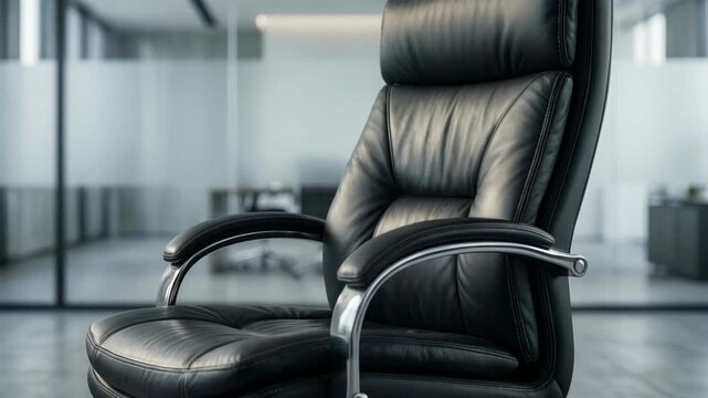 A close up of a luxurious black leather executive chair in a modern empty office interior 
