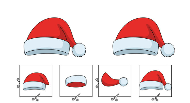 Fun educational matching game for children featuring Santa Claus hats and missing pieces to cut and paste for holiday learning.
