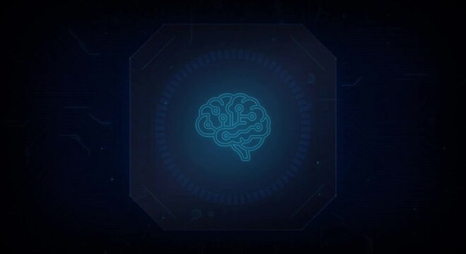 Glowing Neural Brain Icon Emitting Blue Light In Digital Network Scene.