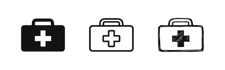 Fototapeta premium Medical First Aid Box Icon Set - Emergency Health Care Kit in Three Different Illustrative Styles