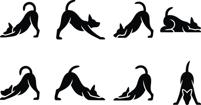 Dog poses silhouette vector pack with animal behavior downward dog yoga pose