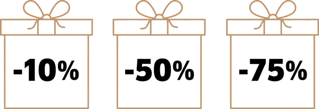 Three gift boxes with discount percentages 10 50 and 75 off