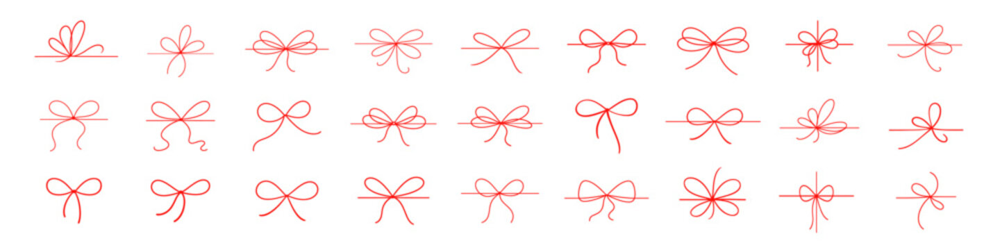 Ribbon knot gift wrapping red line icon set on transparent background