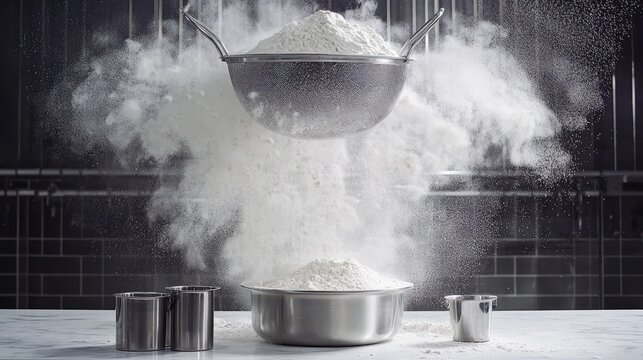 Falling flour dust exploding from metal sifter creating dramatic cloud of fine white particles suspended in mid-air above stainless steel bowl on marble counter