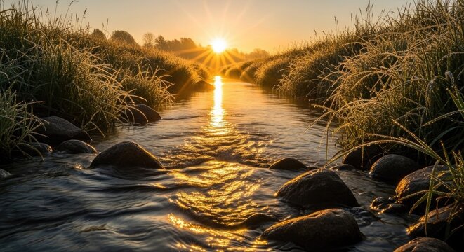 A peaceful natural canal scene at sunrise, where golden light dances on flowing water as it moves through scattered stones, bordered by tall, dew-covered grasses.
