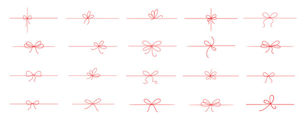 Minimalist bow ribbon icon set, hand drawn doodle gift knot collection, thin outline decorative elements, simple line design for holiday and packaging on transparent background © Ira