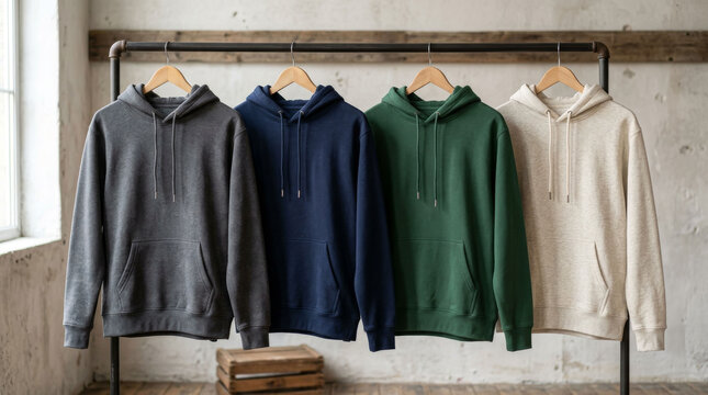 Maqueta de sudaderas de varios colores en un perchero.
