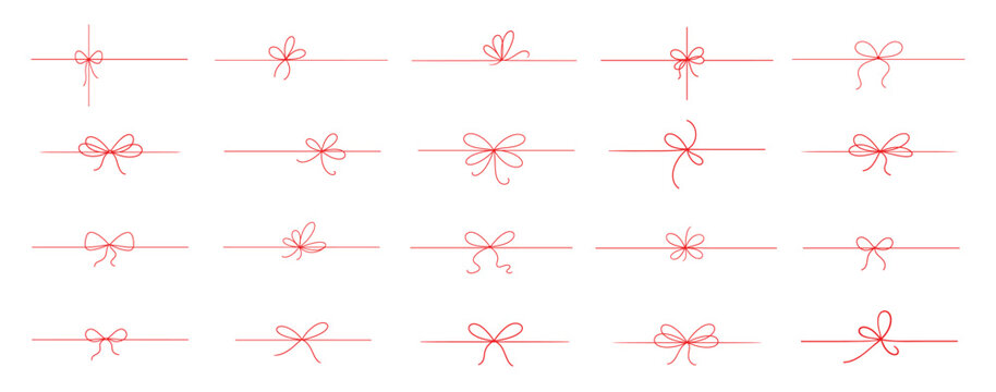 Minimalist bow ribbon icon set, hand drawn doodle gift knot collection, thin outline decorative elements, simple line design for holiday and packaging on transparent background