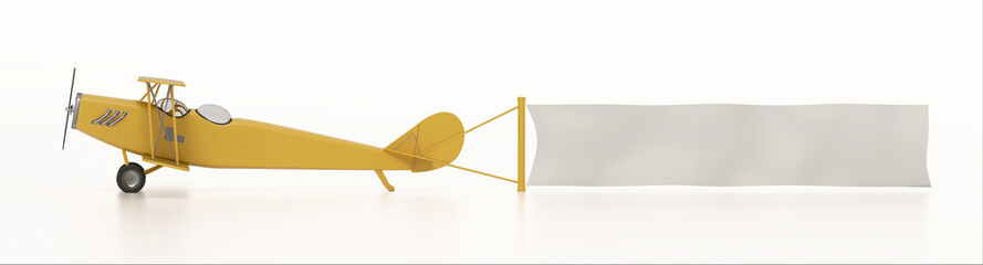 Retro airplane with blank banner isolated on white background. 3D illustration © Destina