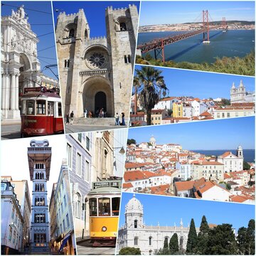 COLLAGE OF PHOTOGRAPHS OF THE CITY OF LISBON, PORTUGAL.