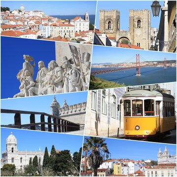 COLLAGE OF PHOTOGRAPHS OF THE CITY OF LISBON, PORTUGAL.