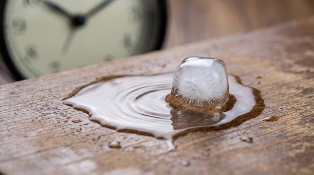 Melted ice cube on table, water puddle macro, time passing

