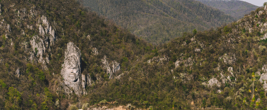 Panorama with Rock Sculpture of Decebalus above Danube River