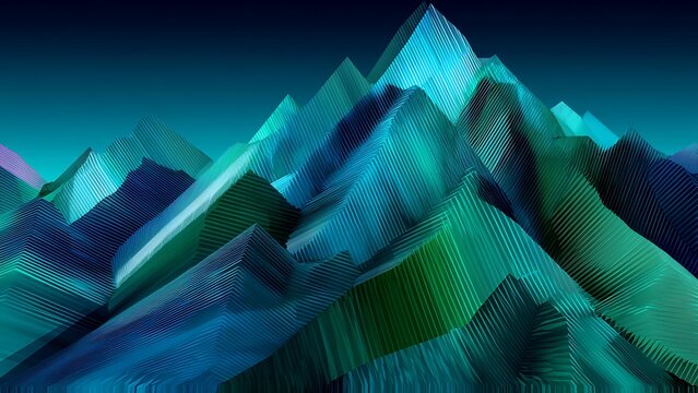 Abstract geometric mountain landscape, blue and green stylized hills digital art