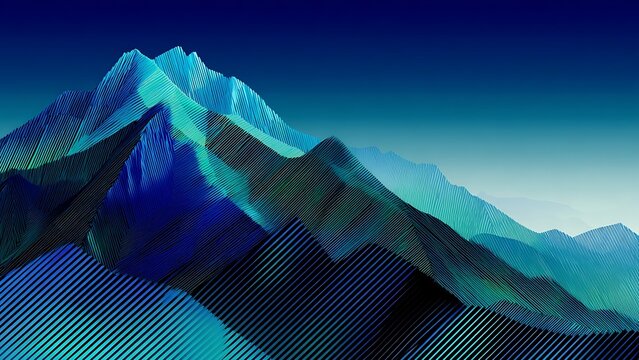 Abstract geometric mountain landscape, blue and green stylized hills digital art