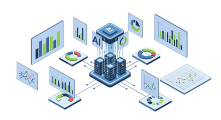 Fototapeta premium Isometric AI Data Analytics and Cloud Computing Server Concept with Big Data Charts and Machine Learning Visualization