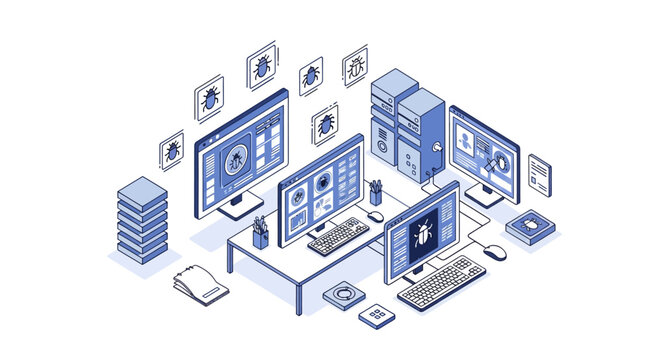 Isometric Software Testing and Debugging Workstation with Multiple Monitors, Servers, and Bug Icons for Quality Assurance and Cybersecurity Concepts