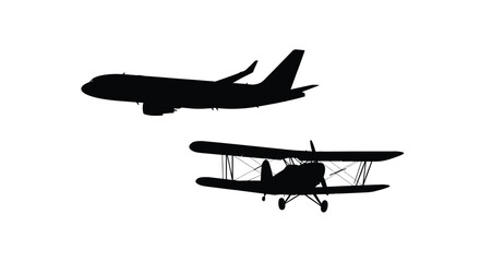 Two airplanes in flight a modern jet and biplane on transparent background silhouette © MDFaruk