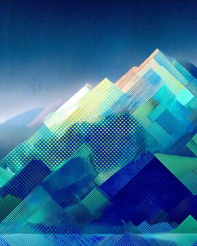Abstract geometric mountain landscape, blue and green stylized hills digital art