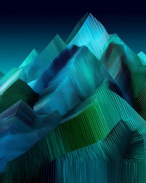 Abstract geometric mountain landscape, blue and green stylized hills digital art