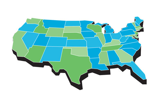 Stylized 3D map of the United States with individual states highlighted in different shades, suitable for geographic, statistical, political, and data visualization purposes.