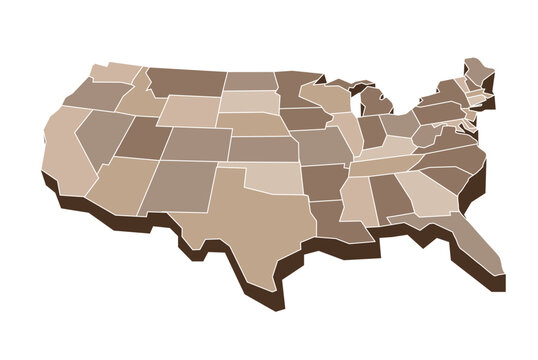 Stylized 3D map of the United States with individual states highlighted in different shades, suitable for geographic, statistical, political, and data visualization purposes.