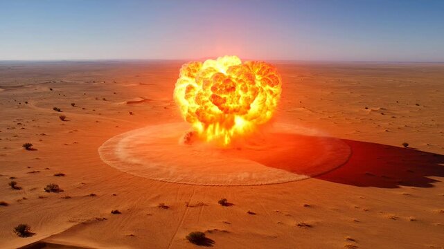 Cinematic nuclear explosion in a vast desert with an intense glowing core and massive shockwave lifting sand clouds. Concept of atomic test or tactical blast