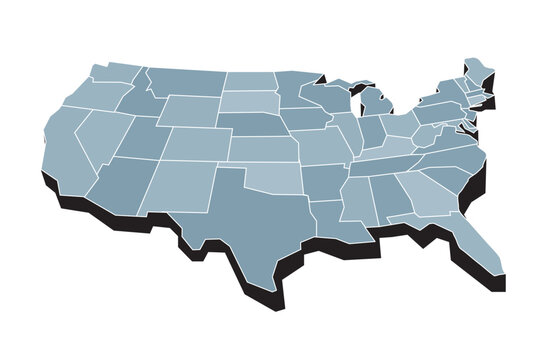 Stylized 3D map of the United States with individual states highlighted in different shades, suitable for geographic, statistical, political, and data visualization purposes.