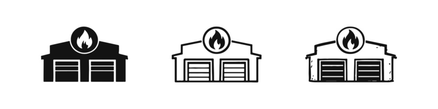 Fire Station Building Icons Set with Garage Doors and Flame Symbol
