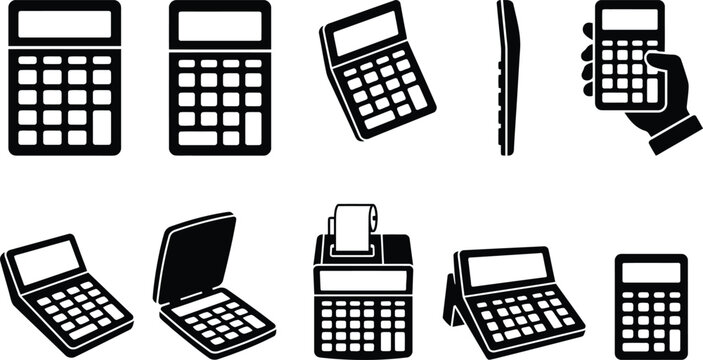 Verschiedene Schwarz-Wei&szlig;-Icons von Taschenrechnern und Rechenmaschinen in unterschiedlichen Ansichten.