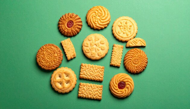 Assortment of Decorative Cookies with Varied Shapes, Textures, and Jam Filling on Green Background