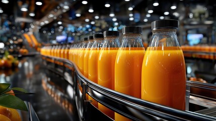 Close-up of glass bottles filled with orange juice on a conveyor belt. Automated production line in a modern beverage manufacturing factory. Industrial food processing facility © mikhailberkut