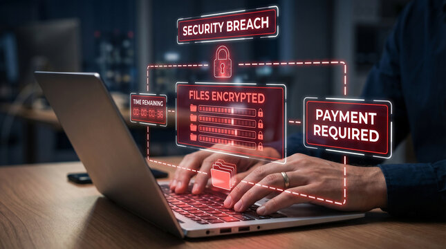 Ransomware Cyber Attack Concept with Files Encrypted Warning and Payment Required Message on Laptop Screen, Cybersecurity Breach and Data Extortion with Countdown Timer Interface