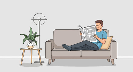 Fototapeta premium Man Relaxing on Sofa Reading Newspaper at Home