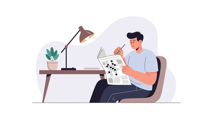 Fototapeta premium Man solving crossword puzzle at desk with lamp and plant, focused on hobby