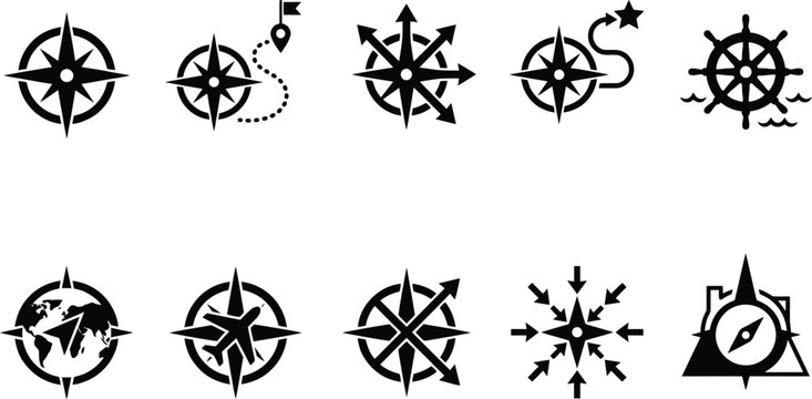 Sammlung von Kompassrosen und Navigationssymbolen f&uuml;r Reise und Orientierung.