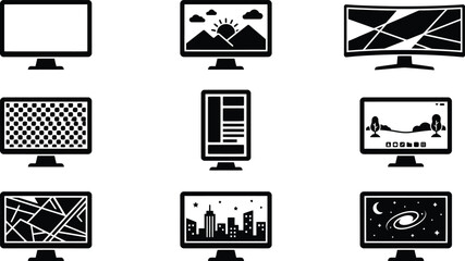 Schwarz-weiße Icons von Computermonitoren mit verschiedenen Bildschirminhalten wie Landschaften, Stadtansichten, abstrakten Mustern und einem leeren Bildschirm. © Insa Batool