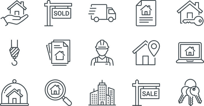 Real Estate Line Icon Set with Property Sale, Home Location, Construction, Documents, Delivery, Security, and Housing Symbols for Web and App Design
