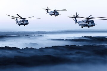 Obraz premium Three heavy-lift helicopters fly in formation over a misty, forested landscape at dawn.