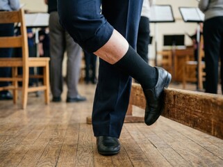Fototapeta premium Choir member rehearsing while standing. This middle-aged man with fair skin wears dark trousers and rests his foot on a bench.