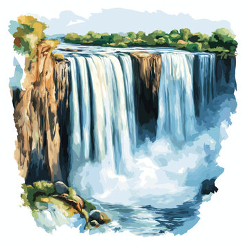 Victoria Falls Zambian side. Victoria Falls Zambian side hand drawn watercolor illustration on white background