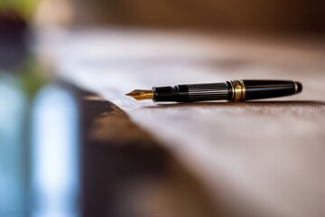 Naklejka premium Elegant black fountain pen with a gold nib rests on a textured wooden surface, shallow depth of field.